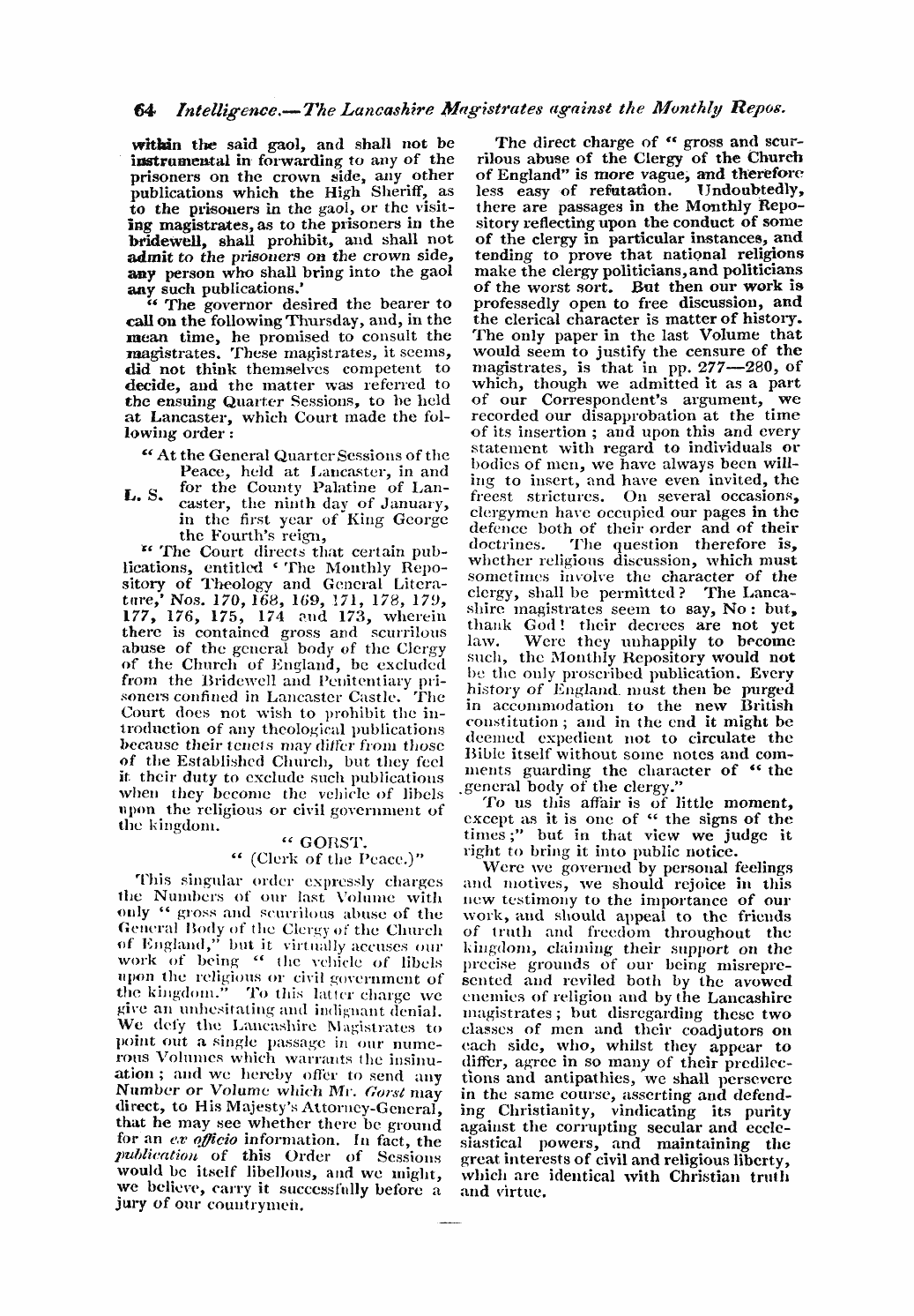 Monthly Repository (1806-1838) and Unitarian Chronicle (1832-1833): F Y, 1st edition: 64