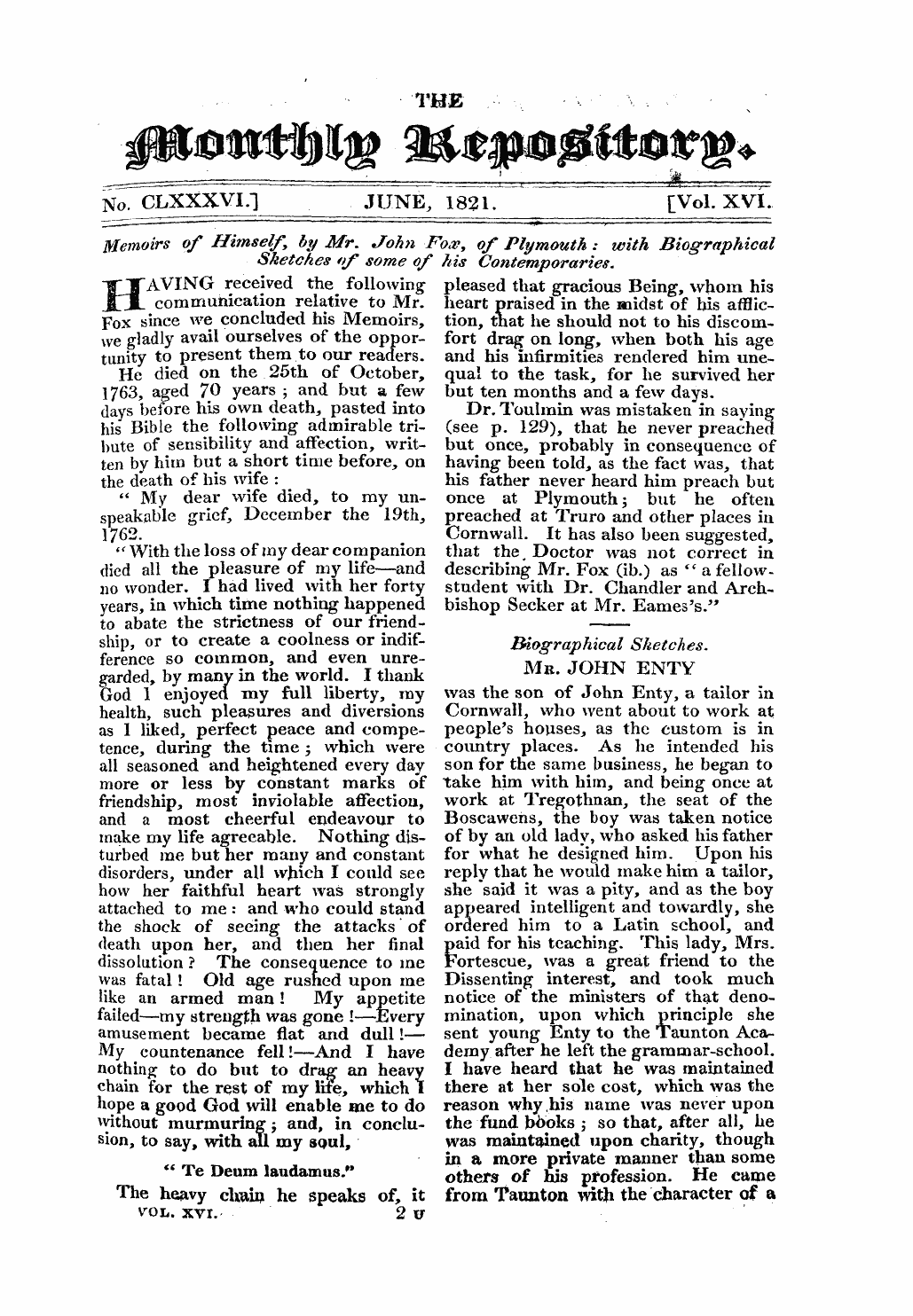 Monthly Repository (1806-1838) and Unitarian Chronicle (1832-1833): F Y, 1st edition - Memoirs Of Himself, By Mr. Johyi Foa?, Of Plymouth : With Biographical Sketches Of Some Of His Contemporaries.