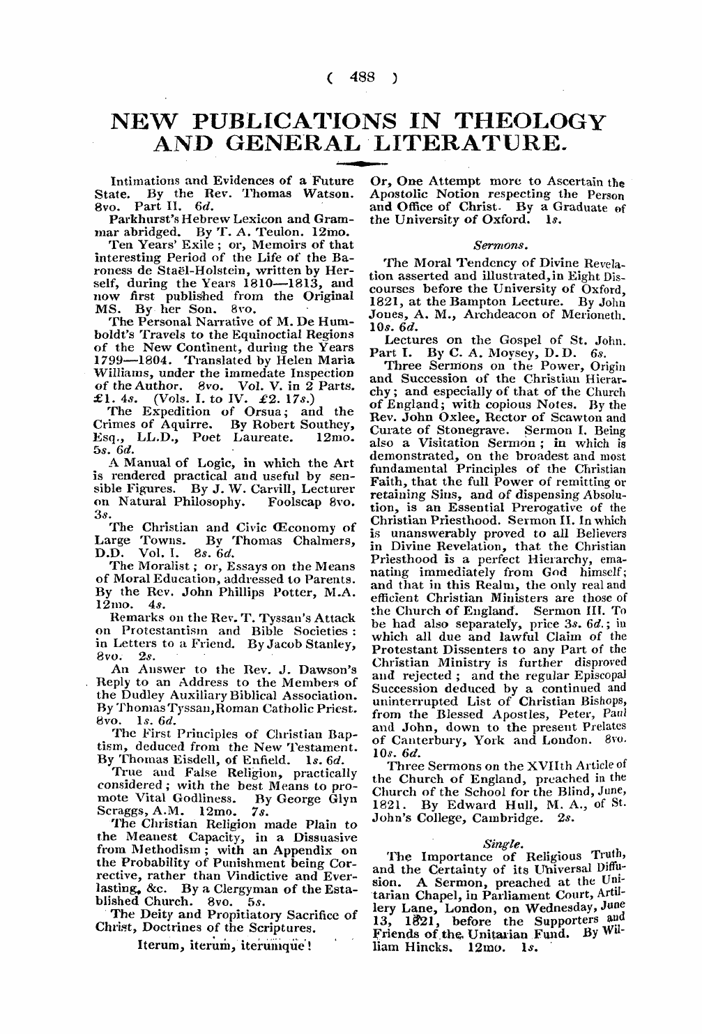 Monthly Repository (1806-1838) and Unitarian Chronicle (1832-1833): F Y, 1st edition - New Publications In Theology And General Literature.