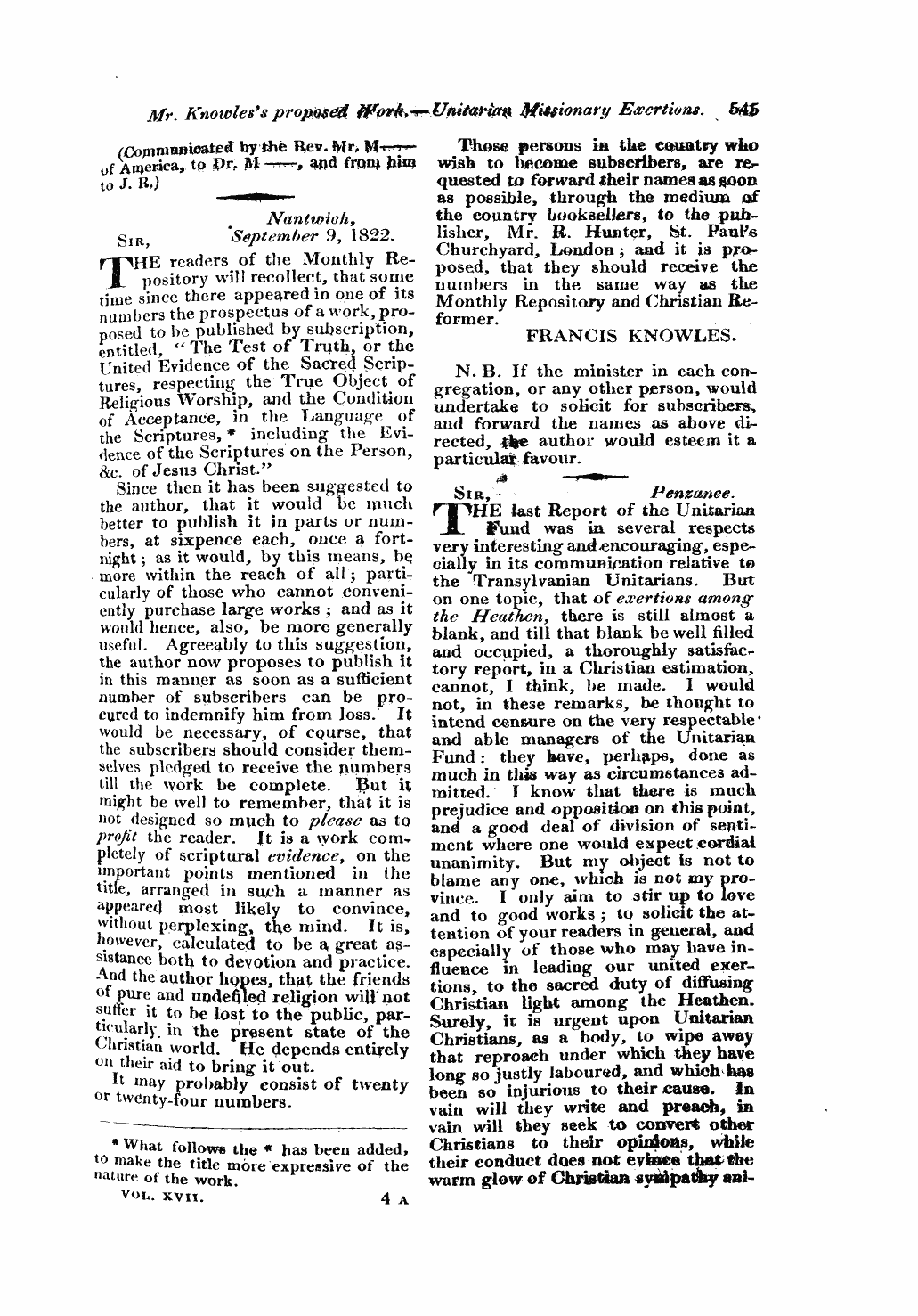 Monthly Repository (1806-1838) and Unitarian Chronicle (1832-1833): F Y, 1st edition - Untitled Article