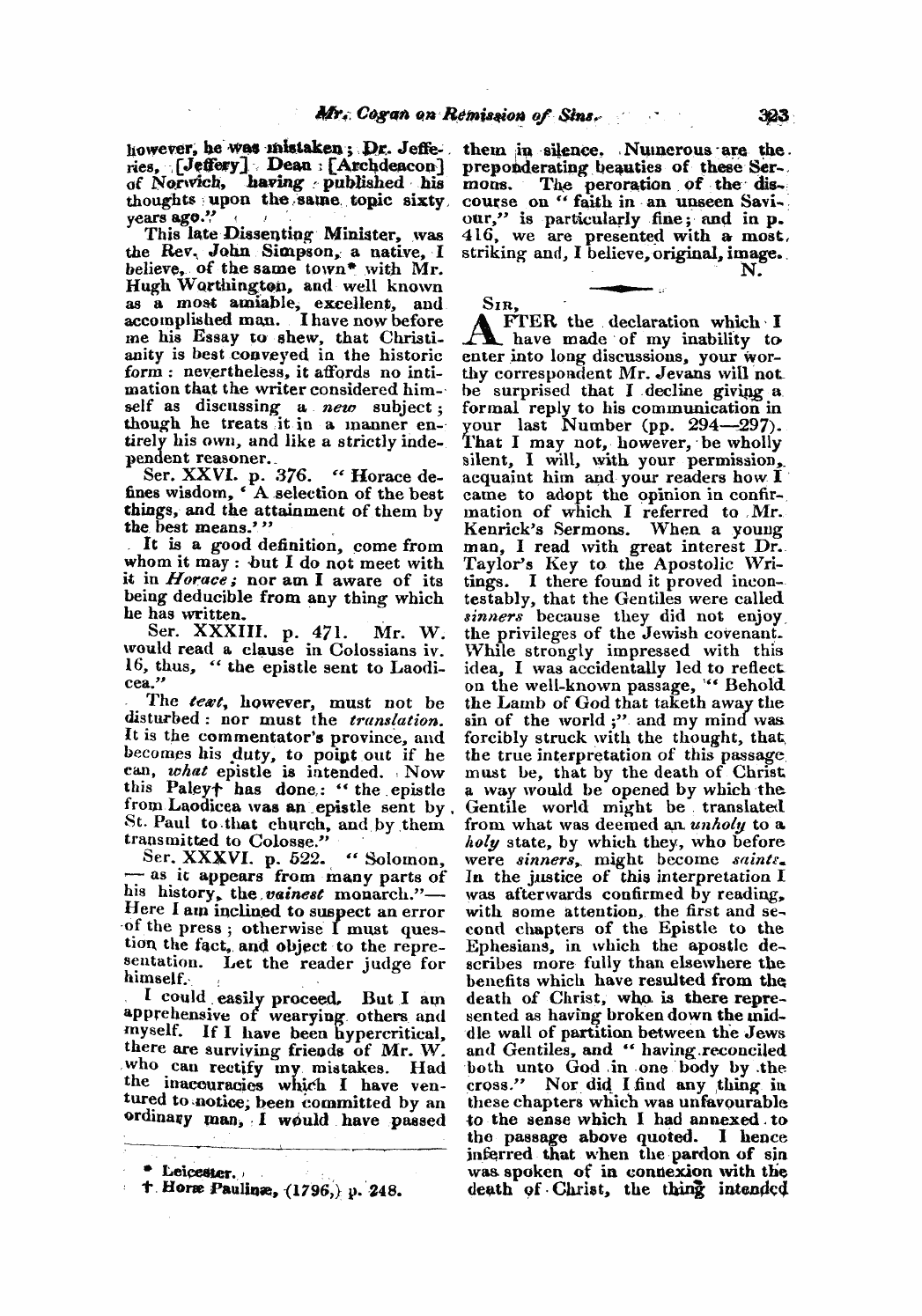 Monthly Repository (1806-1838) and Unitarian Chronicle (1832-1833): F Y, 1st edition - Untitled Article