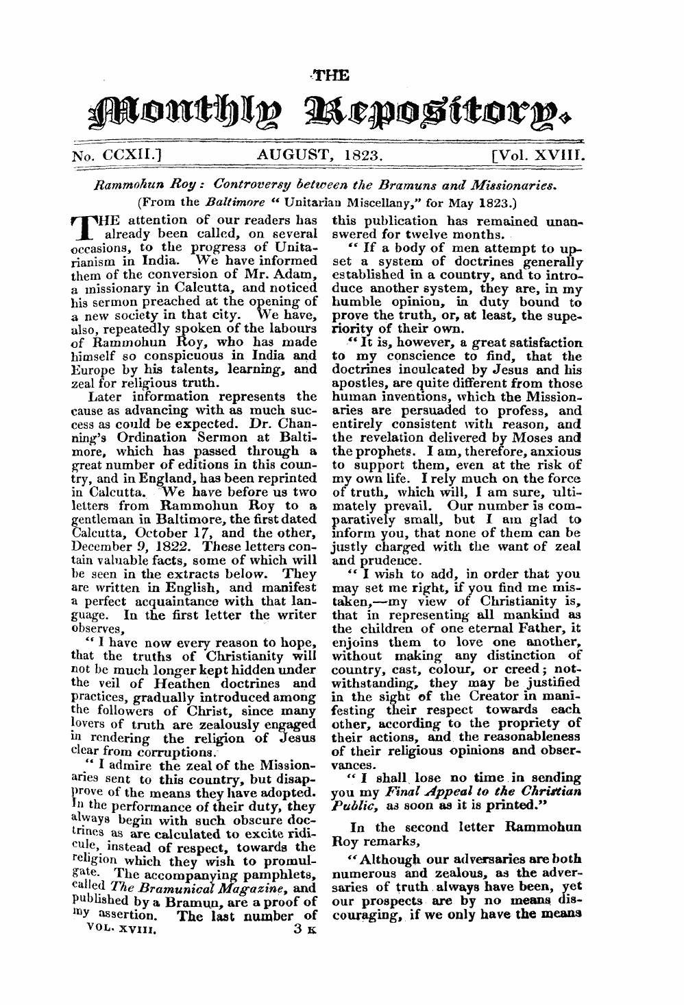 Monthly Repository (1806-1838) and Unitarian Chronicle (1832-1833): F Y, 1st edition - Rammohun Roy : Controversy Between The Bramuns And Missionaries. (From The Baltimore " Unitarian Miscellany," For May 1823.)