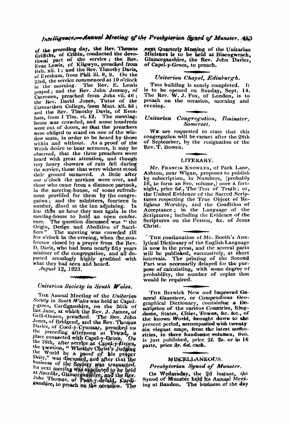 Monthly Repository (1806-1838) and Unitarian Chronicle (1832-1833): F Y, 1st edition - Untitled Article