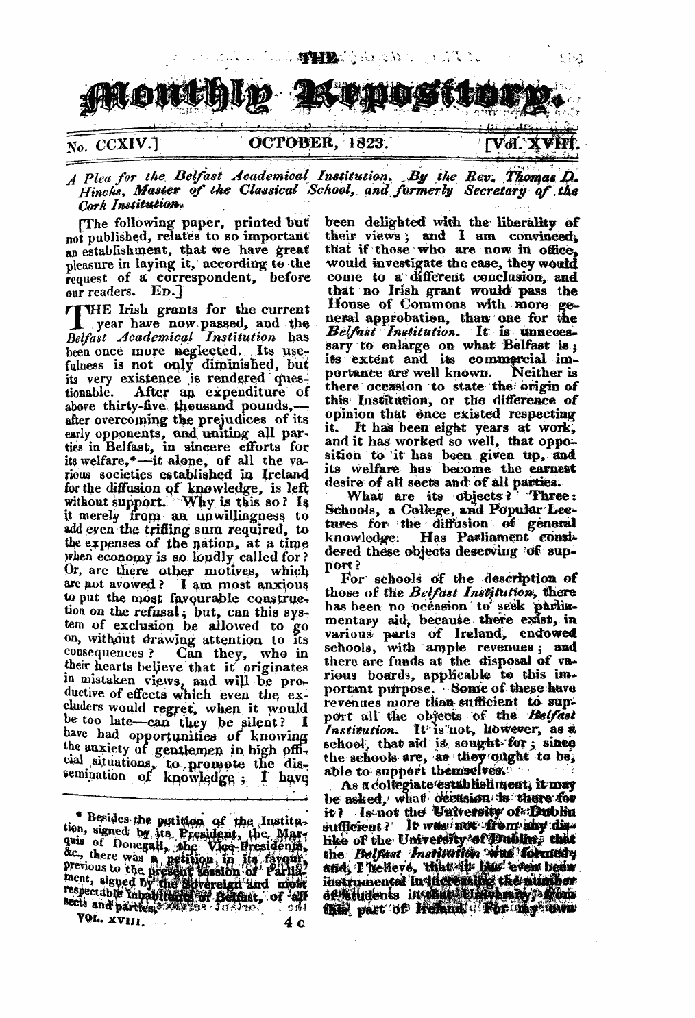 Monthly Repository (1806-1838) and Unitarian Chronicle (1832-1833): F Y, 1st edition - _^ ^ A Plea For The Belfast Aeademicat Institution. ^ B§ / The Rwm Thomas D+ Hmchsy Master Of The Classical School, And Formerly Secretary Of The Cork Ins4i0utw**