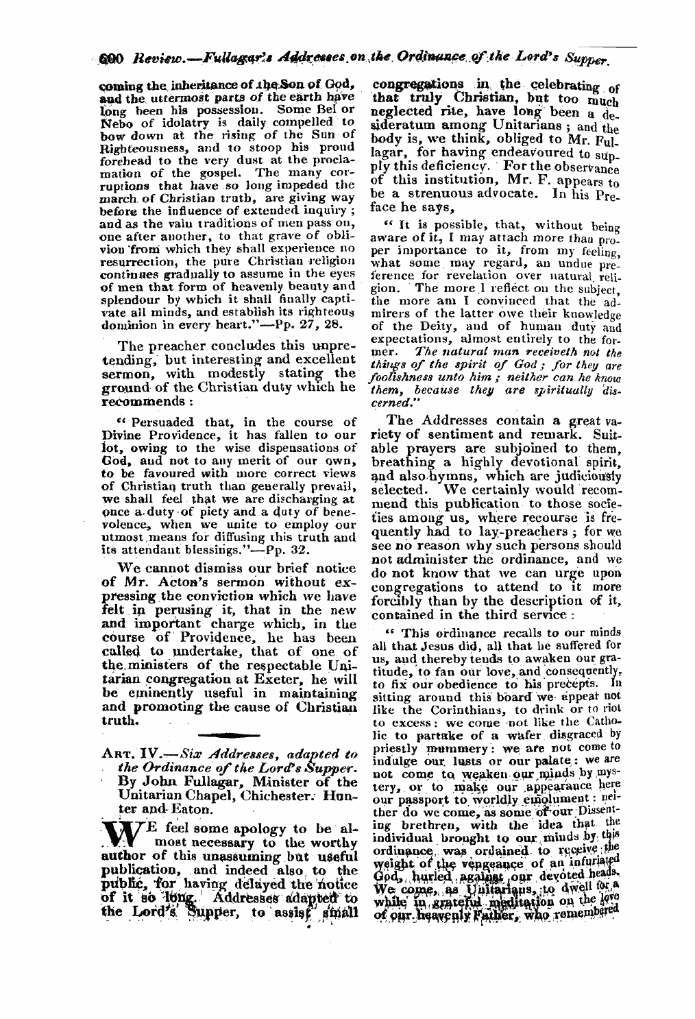 Monthly Repository (1806-1838) and Unitarian Chronicle (1832-1833): F Y, 1st edition - Untitled Article