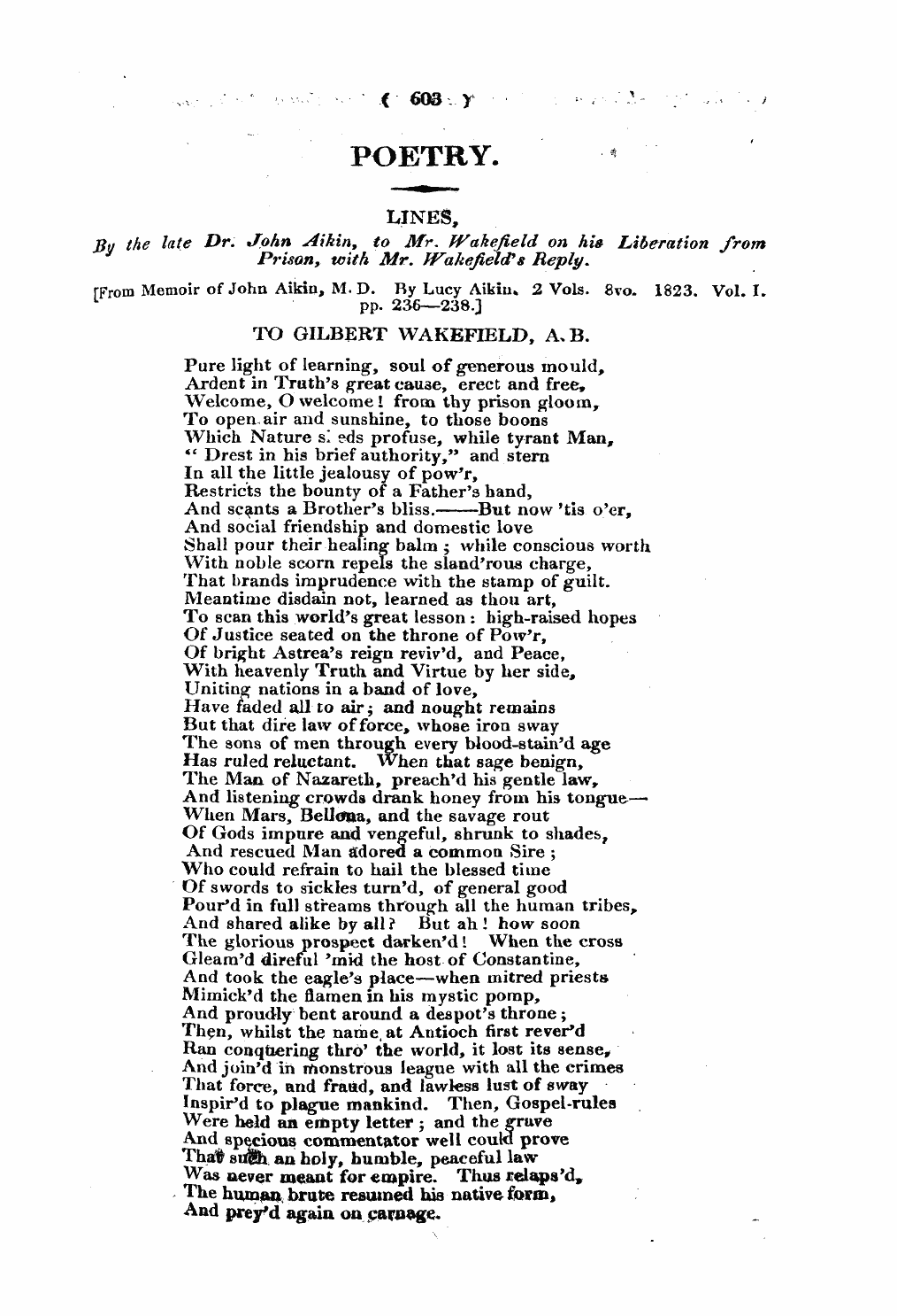 Monthly Repository (1806-1838) and Unitarian Chronicle (1832-1833): F Y, 1st edition - Poetry. *