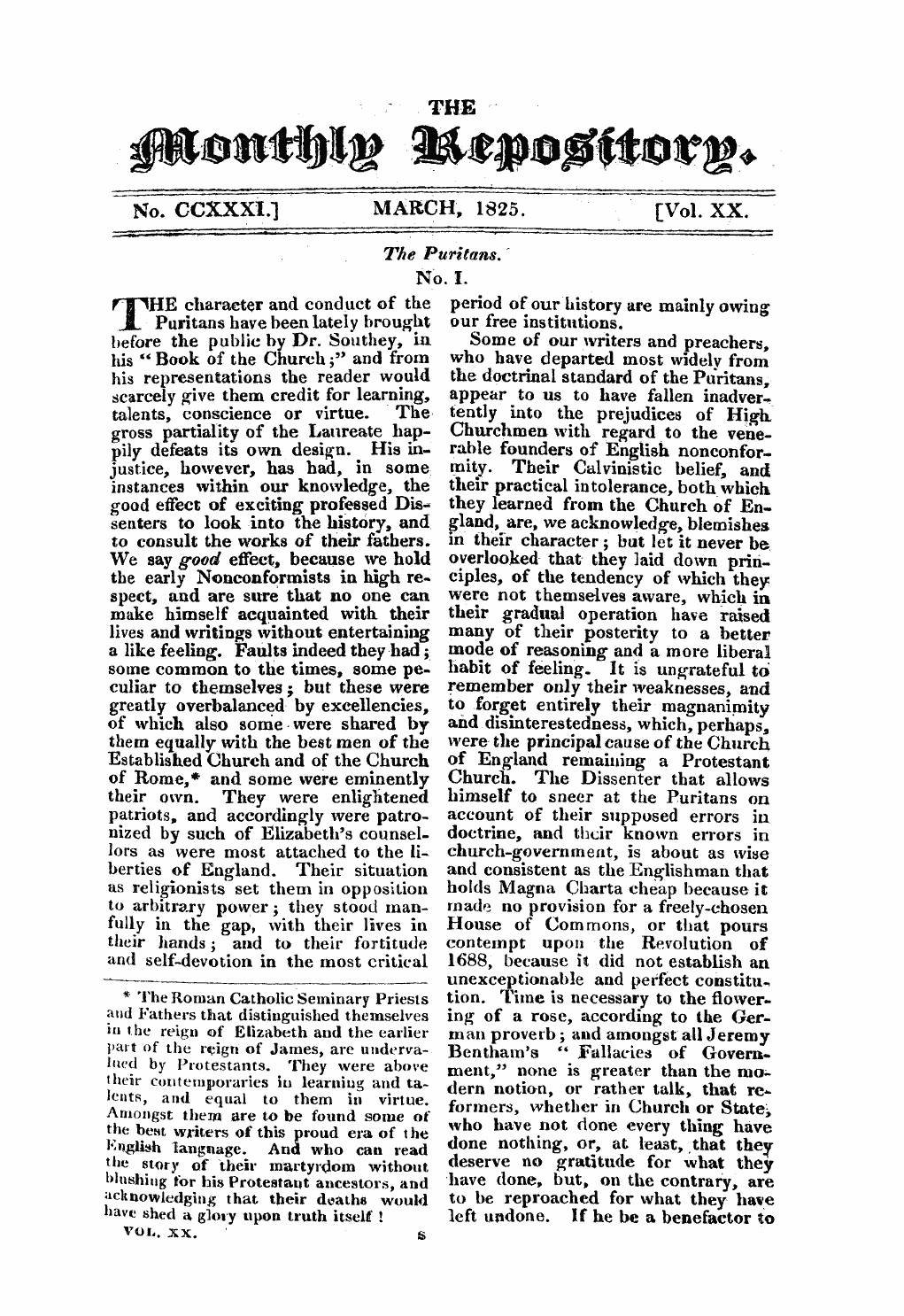 Monthly Repository (1806-1838) and Unitarian Chronicle (1832-1833): F Y, 1st edition - The Puritans. No. I.