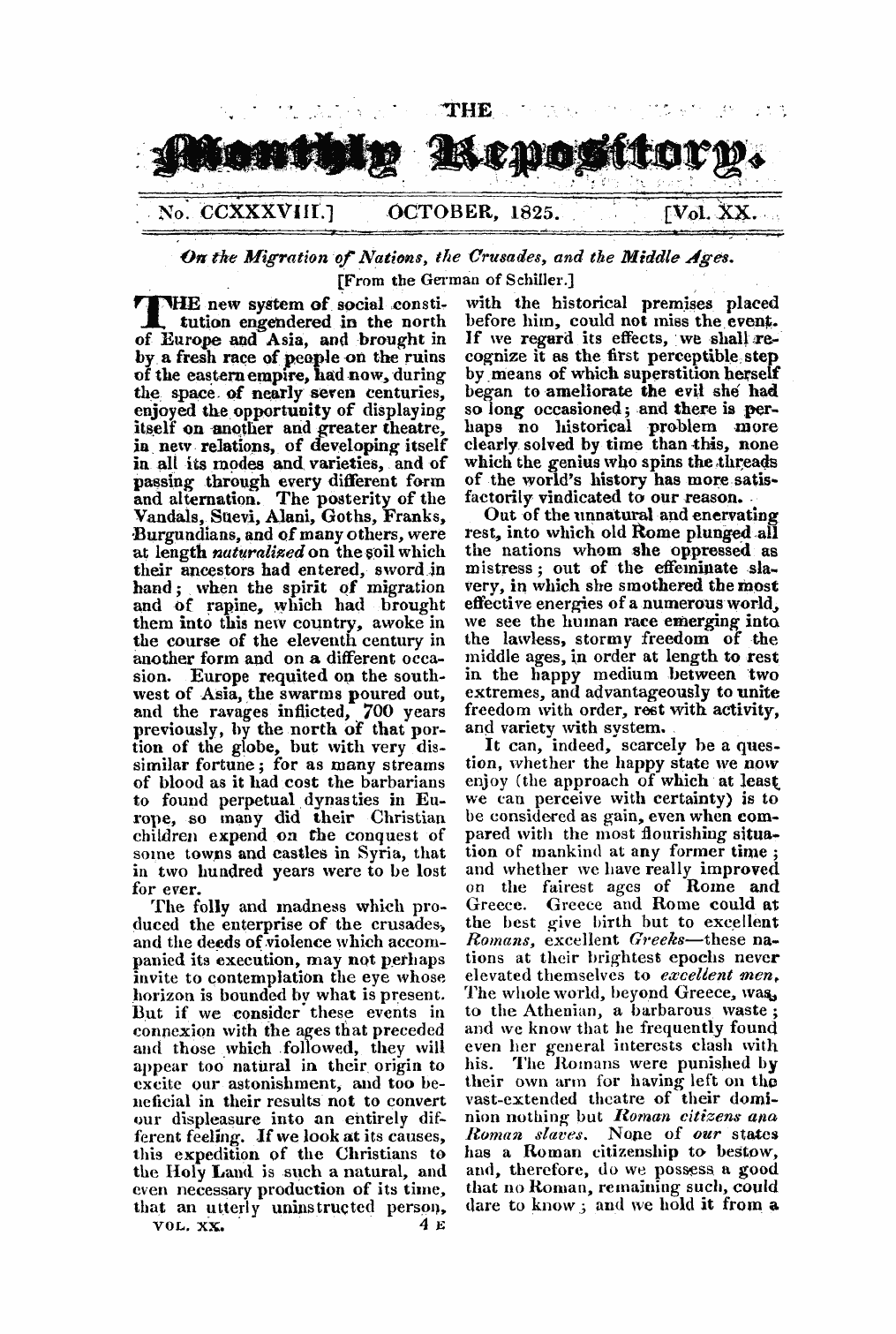 Monthly Repository (1806-1838) and Unitarian Chronicle (1832-1833): F Y, 1st edition - On The Migration Of Nations, The Crusades, And The Middle Ages [From The German Of Schiller.]