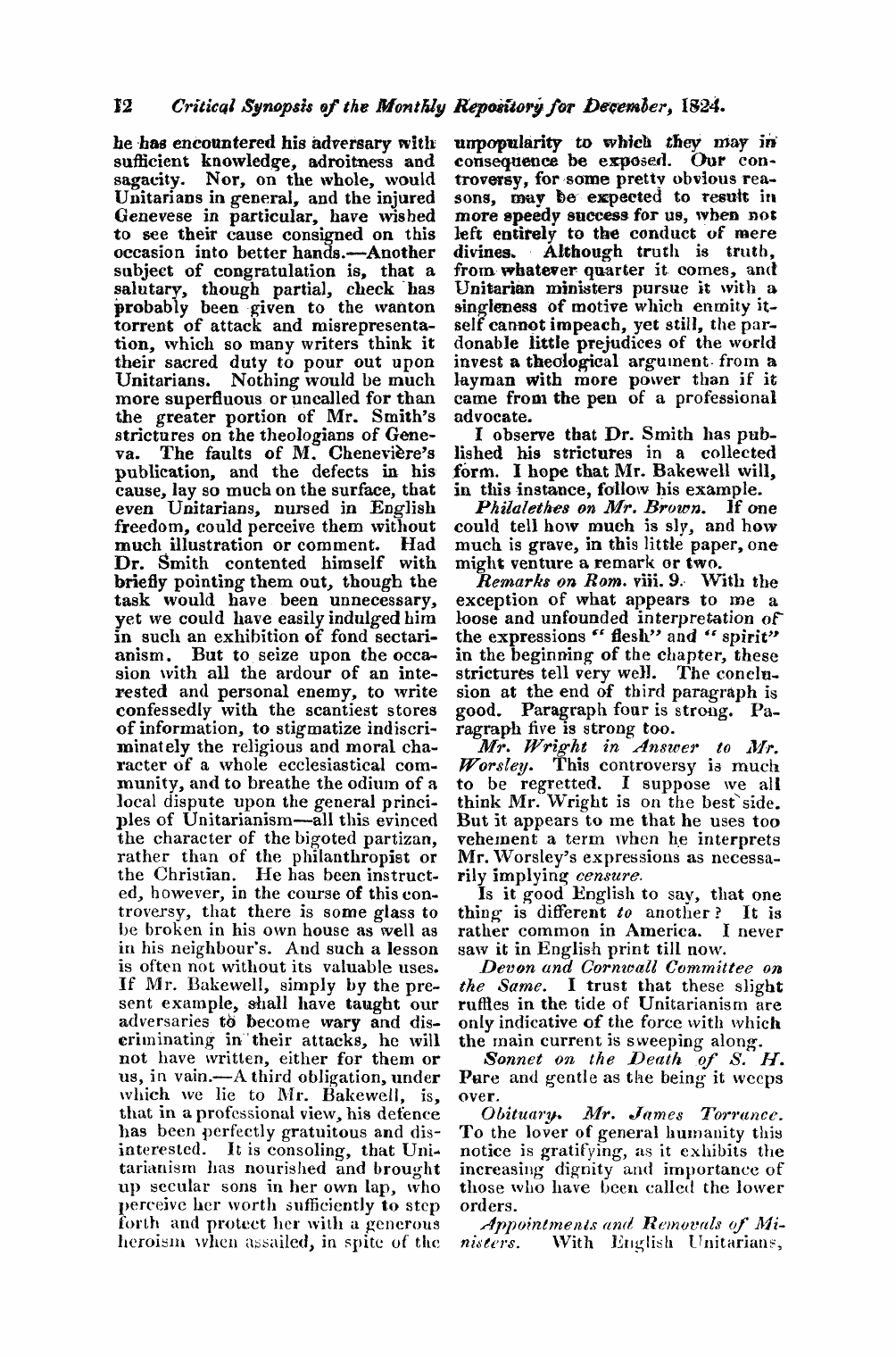 Monthly Repository (1806-1838) and Unitarian Chronicle (1832-1833): F Y, 1st edition: 12