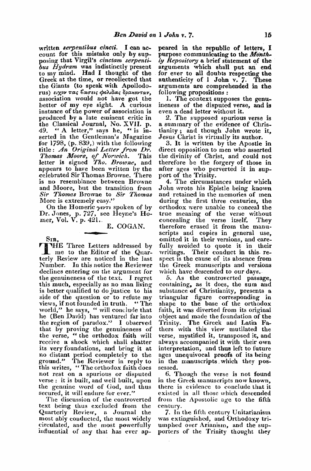 Monthly Repository (1806-1838) and Unitarian Chronicle (1832-1833): F Y, 1st edition - Untitled Article