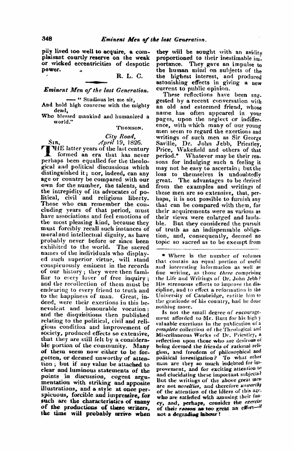 Monthly Repository (1806-1838) and Unitarian Chronicle (1832-1833): F Y, 1st edition - Untitled Article