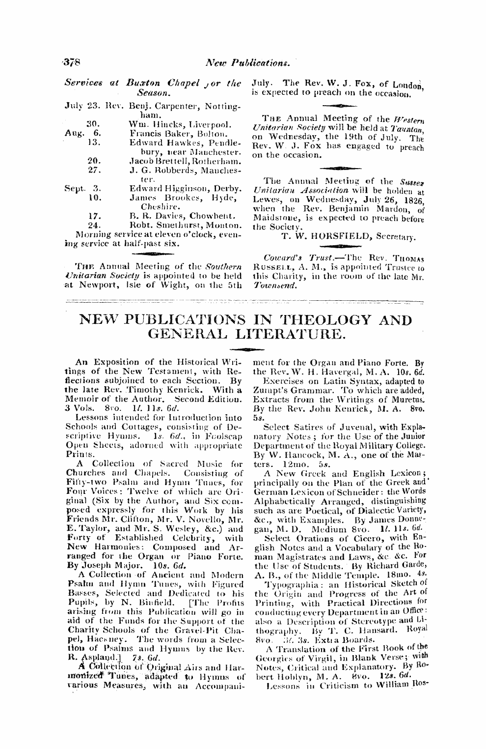 Monthly Repository (1806-1838) and Unitarian Chronicle (1832-1833): F Y, 1st edition - New Publications In Theology And General Literature.