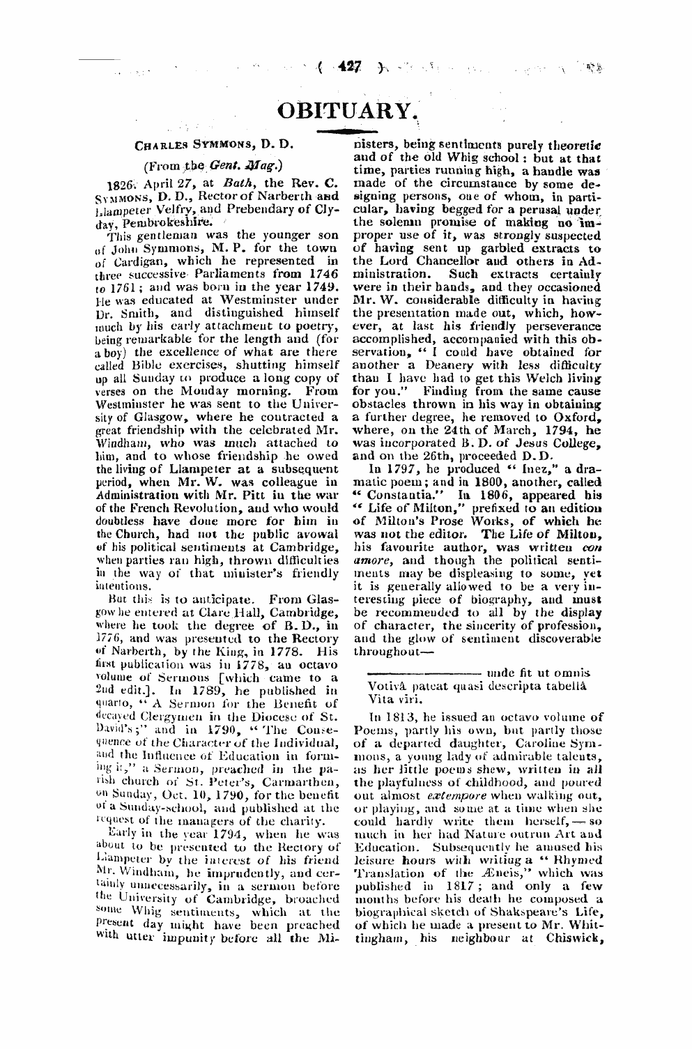 Monthly Repository (1806-1838) and Unitarian Chronicle (1832-1833): F Y, 1st edition - Obituary.