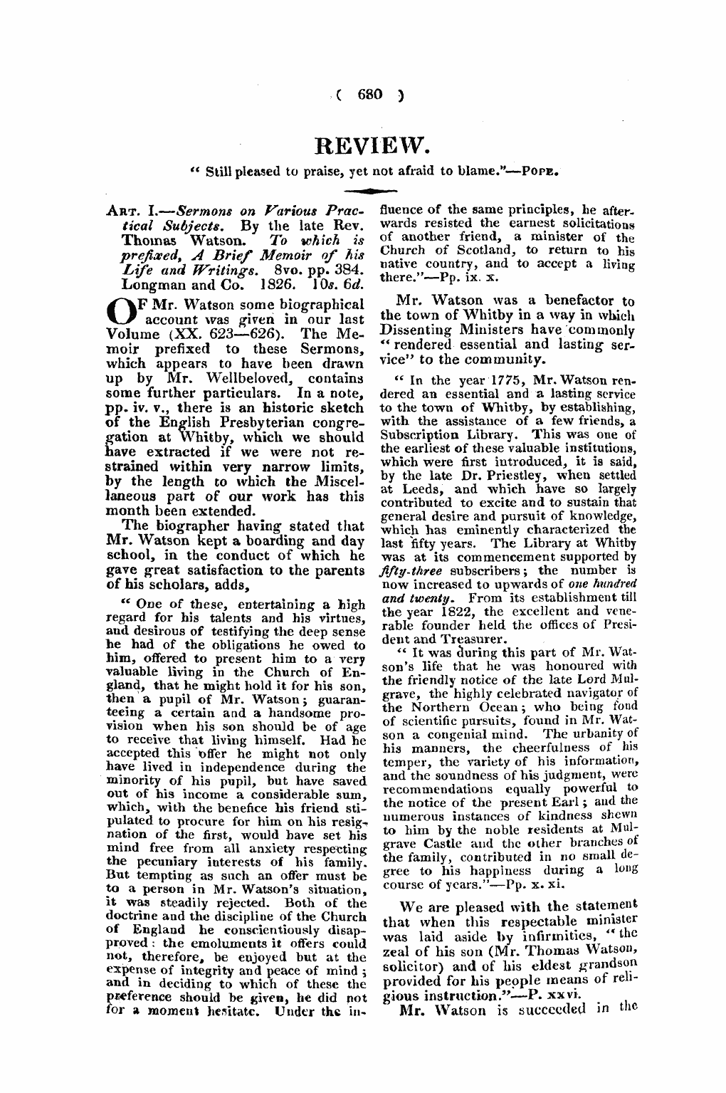 Monthly Repository (1806-1838) and Unitarian Chronicle (1832-1833): F Y, 1st edition - Review. " Still Pleased To Praise, Yet Not Afraid To Blame."—Pope.