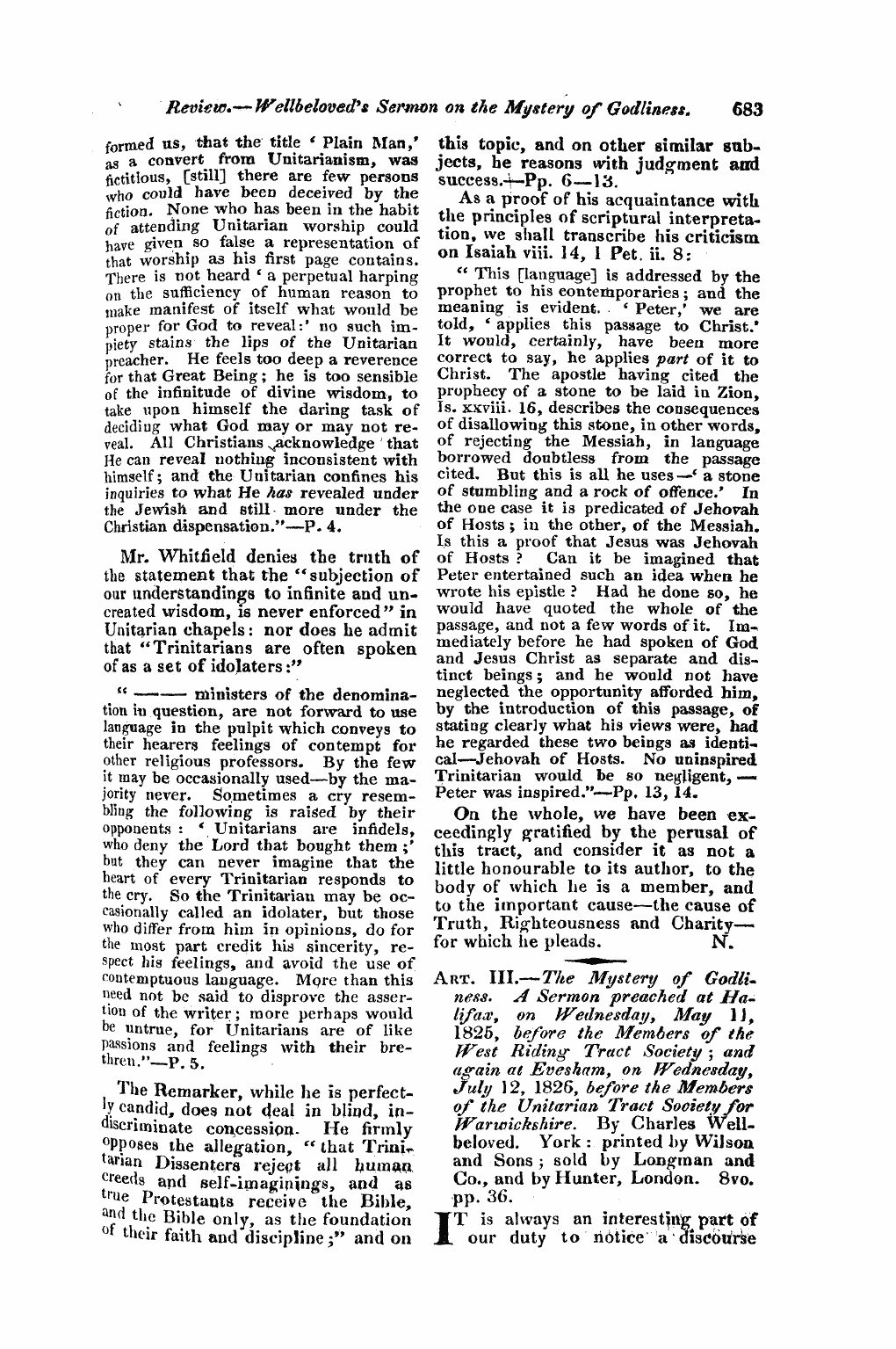 Monthly Repository (1806-1838) and Unitarian Chronicle (1832-1833): F Y, 1st edition - Untitled Article