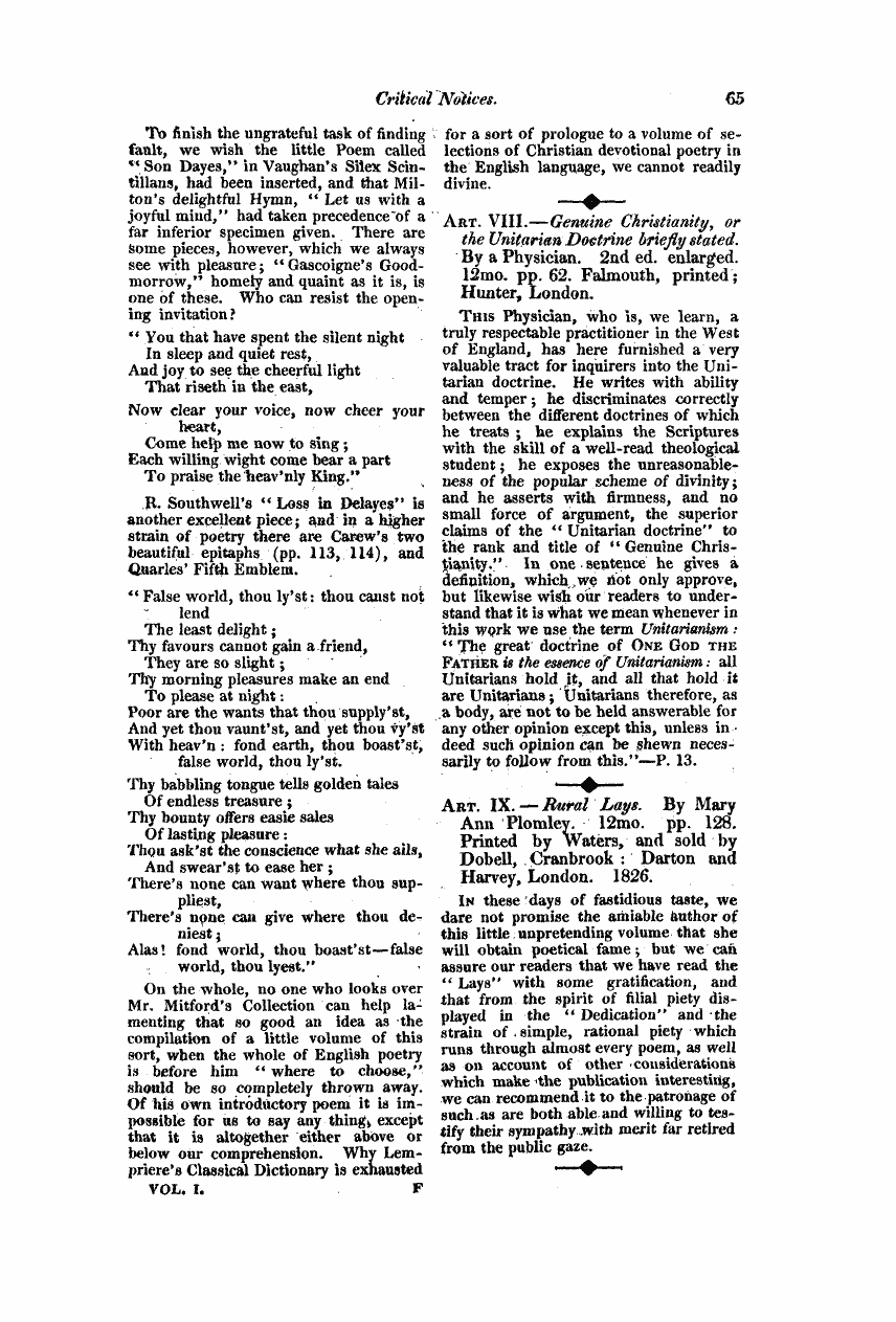 Monthly Repository (1806-1838) and Unitarian Chronicle (1832-1833): F Y, 1st edition: 65