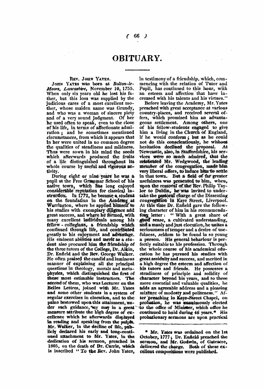 Monthly Repository (1806-1838) and Unitarian Chronicle (1832-1833): F Y, 1st edition - Obituary.