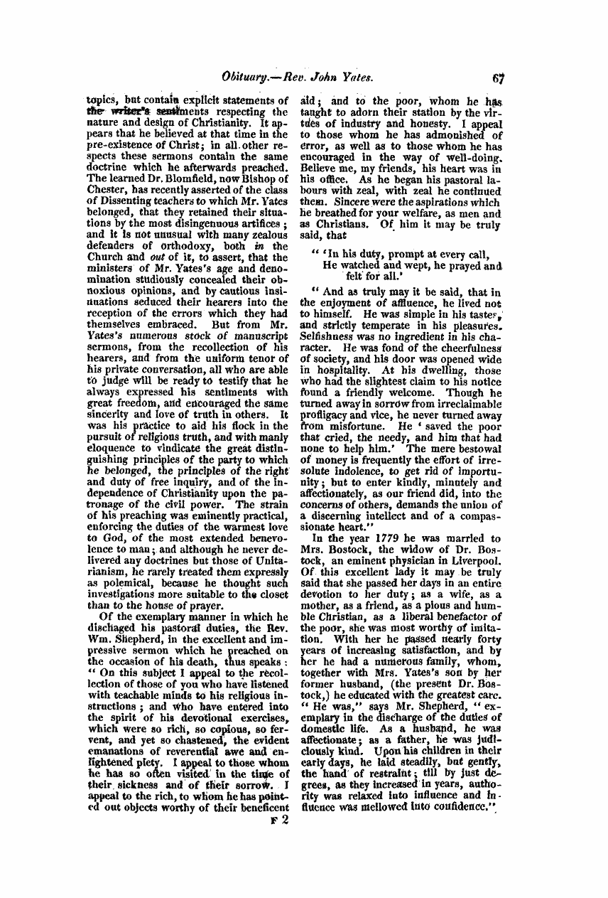 Monthly Repository (1806-1838) and Unitarian Chronicle (1832-1833): F Y, 1st edition: 67