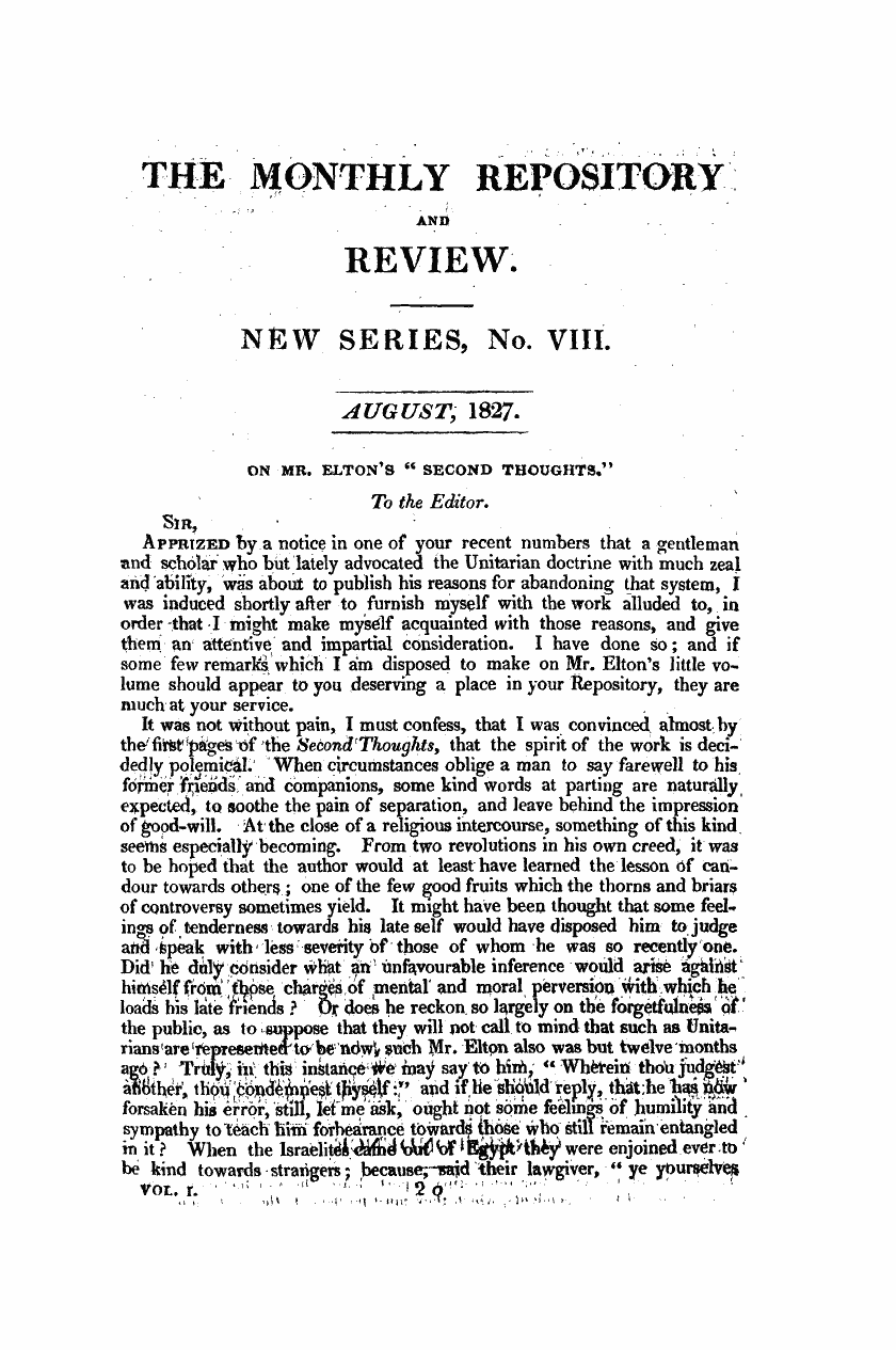 Monthly Repository (1806-1838) and Unitarian Chronicle (1832-1833): F Y, 1st edition - On Mr. Elton's " Second Thoughts."