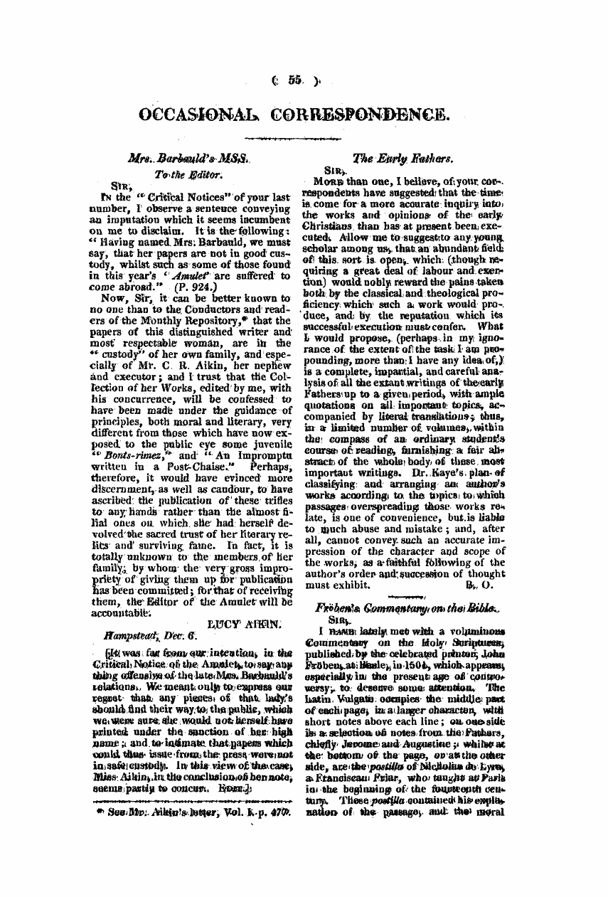 Monthly Repository (1806-1838) and Unitarian Chronicle (1832-1833): F Y, 1st edition - Untitled Article