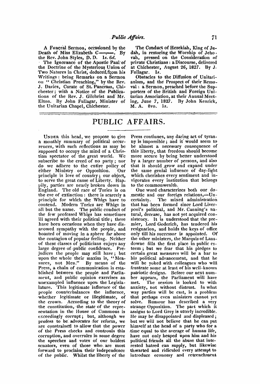 Monthly Repository (1806-1838) and Unitarian Chronicle (1832-1833): F Y, 1st edition: 71