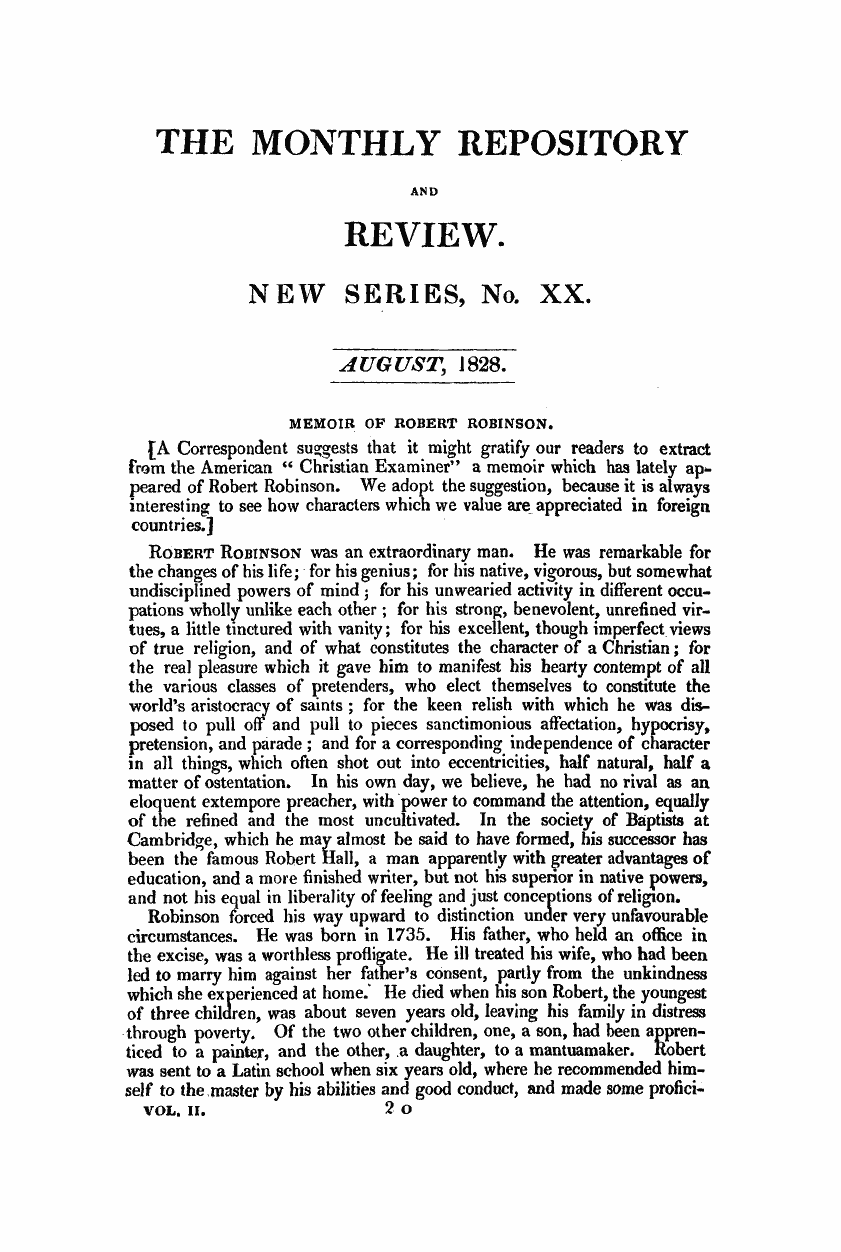 Monthly Repository (1806-1838) and Unitarian Chronicle (1832-1833): F Y, 1st edition - Memoir Of Robert Robinson.