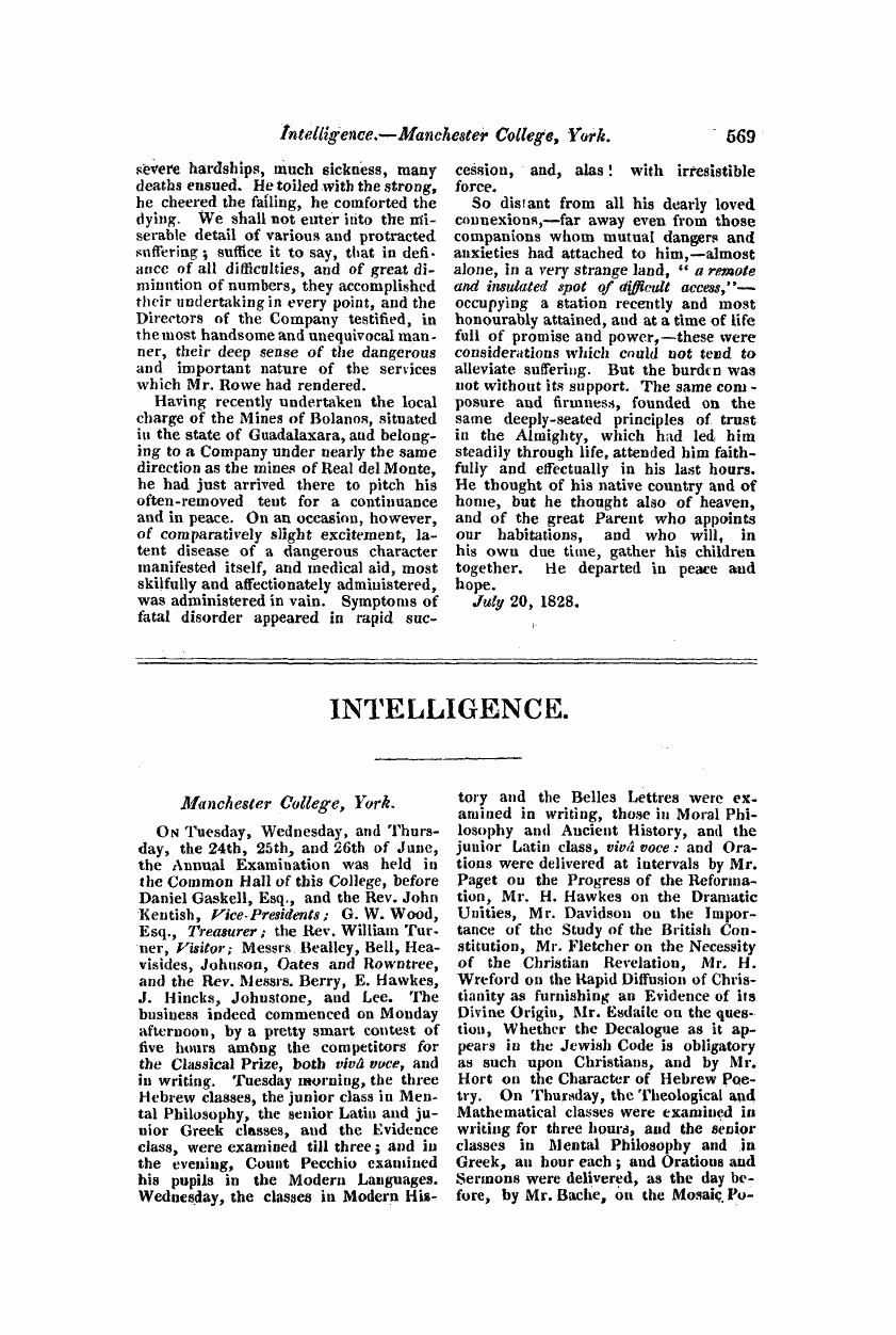 Monthly Repository (1806-1838) and Unitarian Chronicle (1832-1833): F Y, 1st edition - Intelligence.