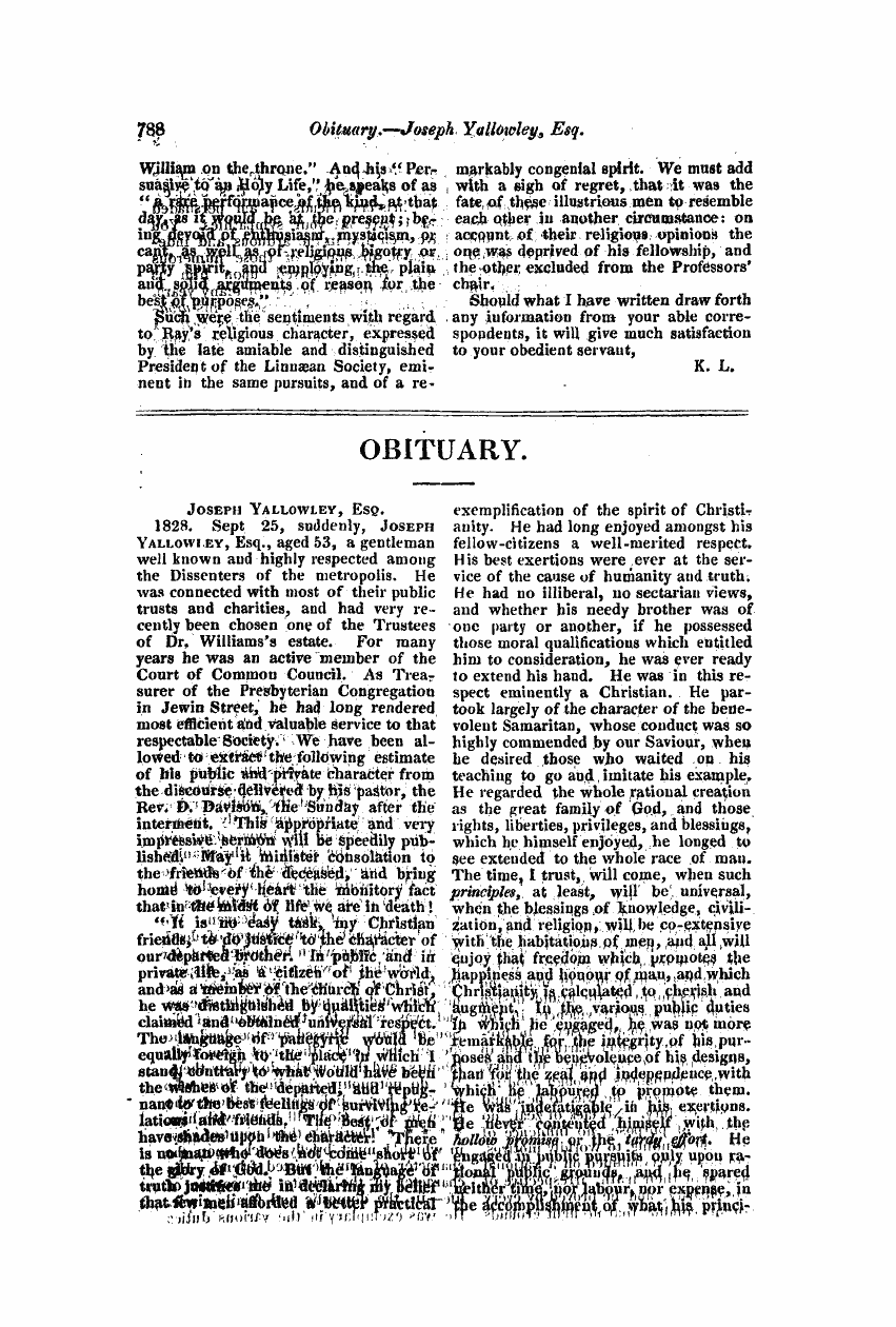 Monthly Repository (1806-1838) and Unitarian Chronicle (1832-1833): F Y, 1st edition - Obituary.