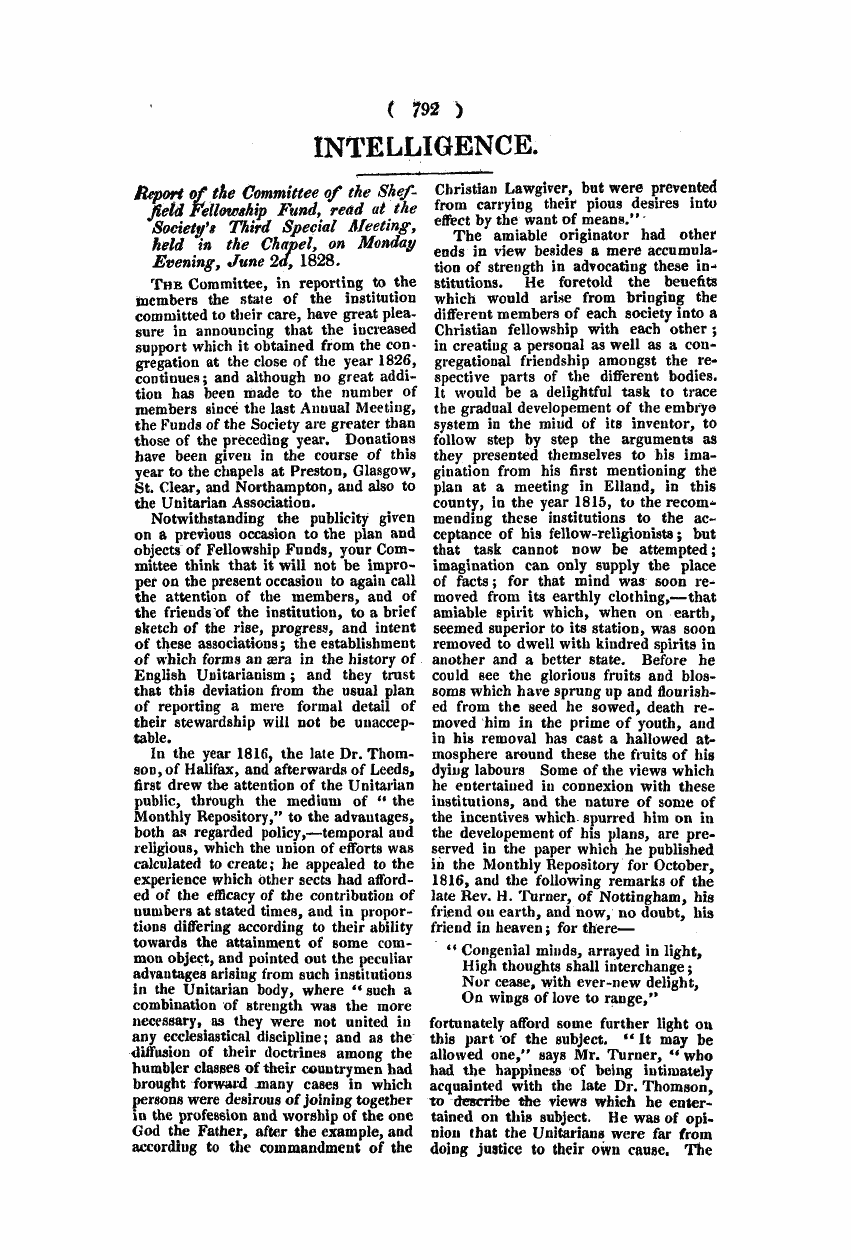 Monthly Repository (1806-1838) and Unitarian Chronicle (1832-1833): F Y, 1st edition - Intelligence.