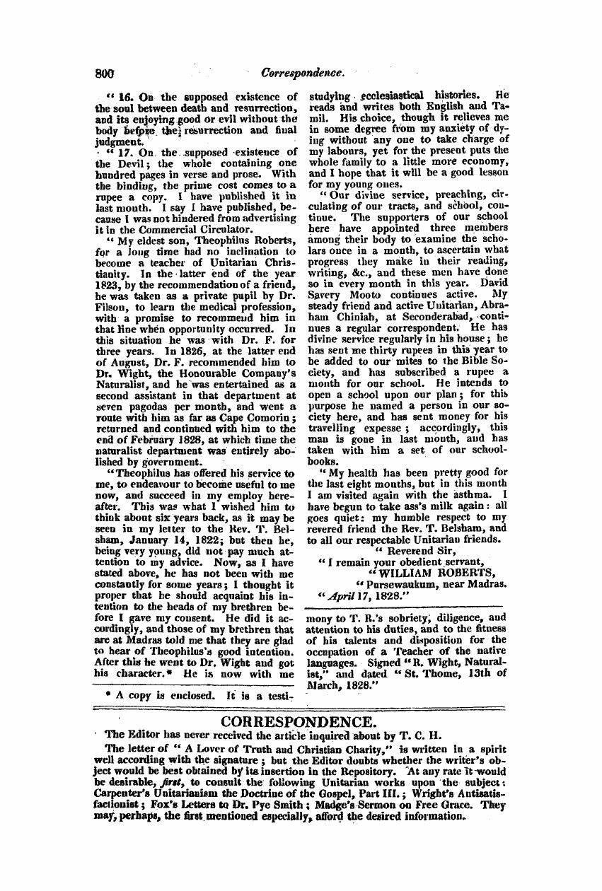 Monthly Repository (1806-1838) and Unitarian Chronicle (1832-1833): F Y, 1st edition - Correspondence.