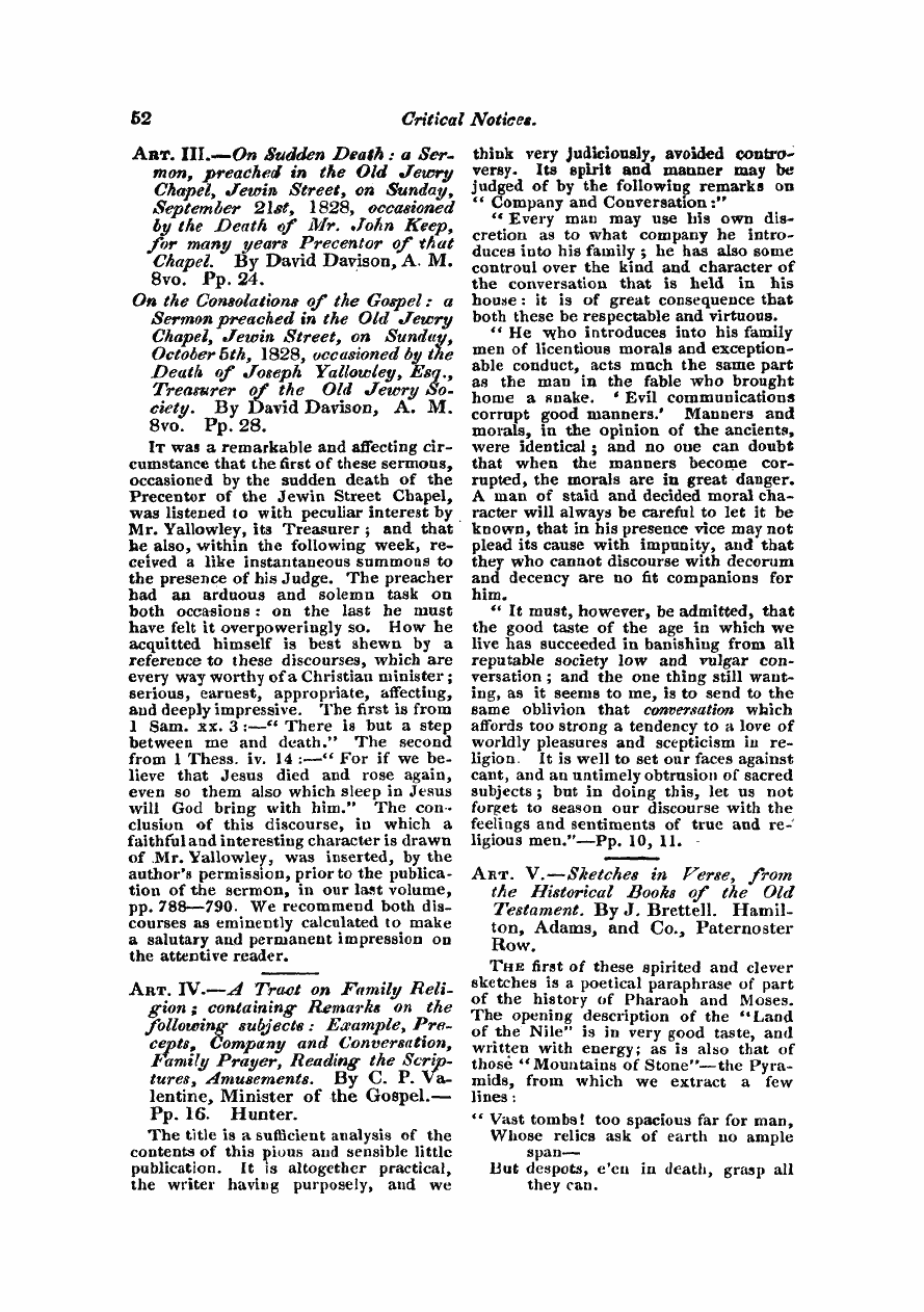 Monthly Repository (1806-1838) and Unitarian Chronicle (1832-1833): F Y, 1st edition: 52