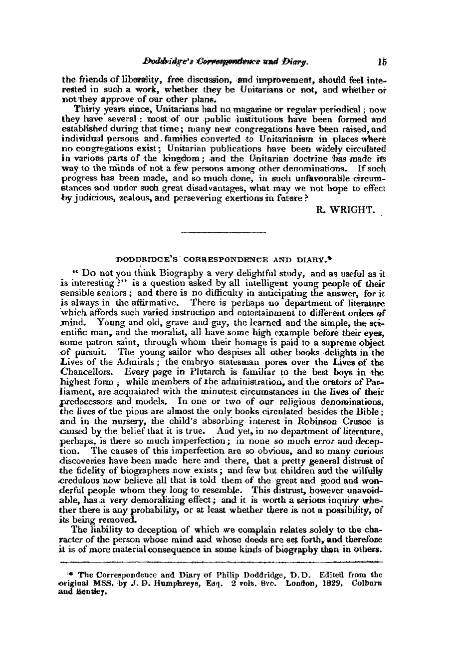 Monthly Repository (1806-1838) and Unitarian Chronicle (1832-1833): F Y, 1st edition: 15