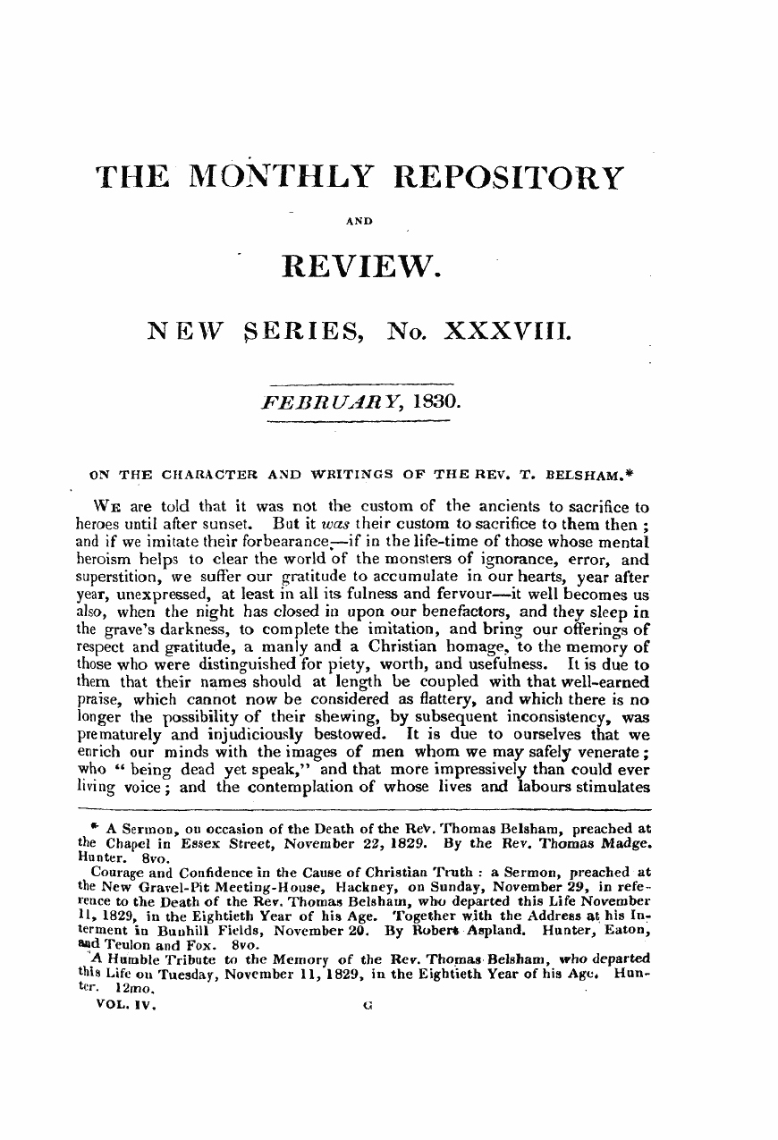 Monthly Repository (1806-1838) and Unitarian Chronicle (1832-1833): F Y, 1st edition - Untitled Article