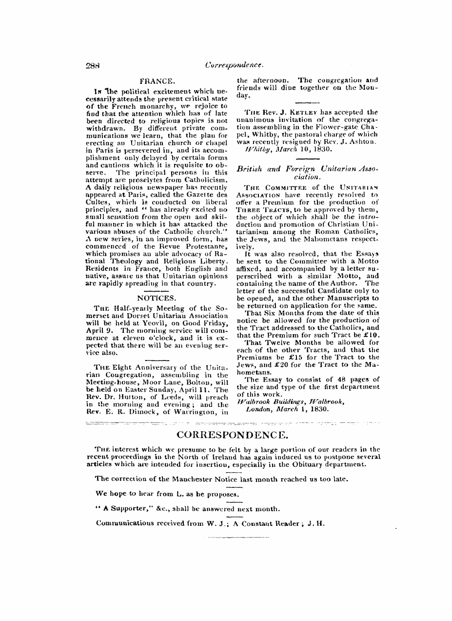 Monthly Repository (1806-1838) and Unitarian Chronicle (1832-1833): F Y, 1st edition - Correspondence.