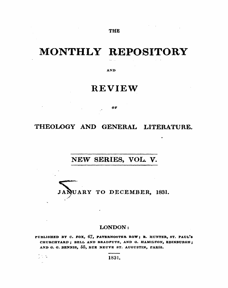 Monthly Repository (1806-1838) and Unitarian Chronicle (1832-1833): F Y, 1st edition, Front matter: 1