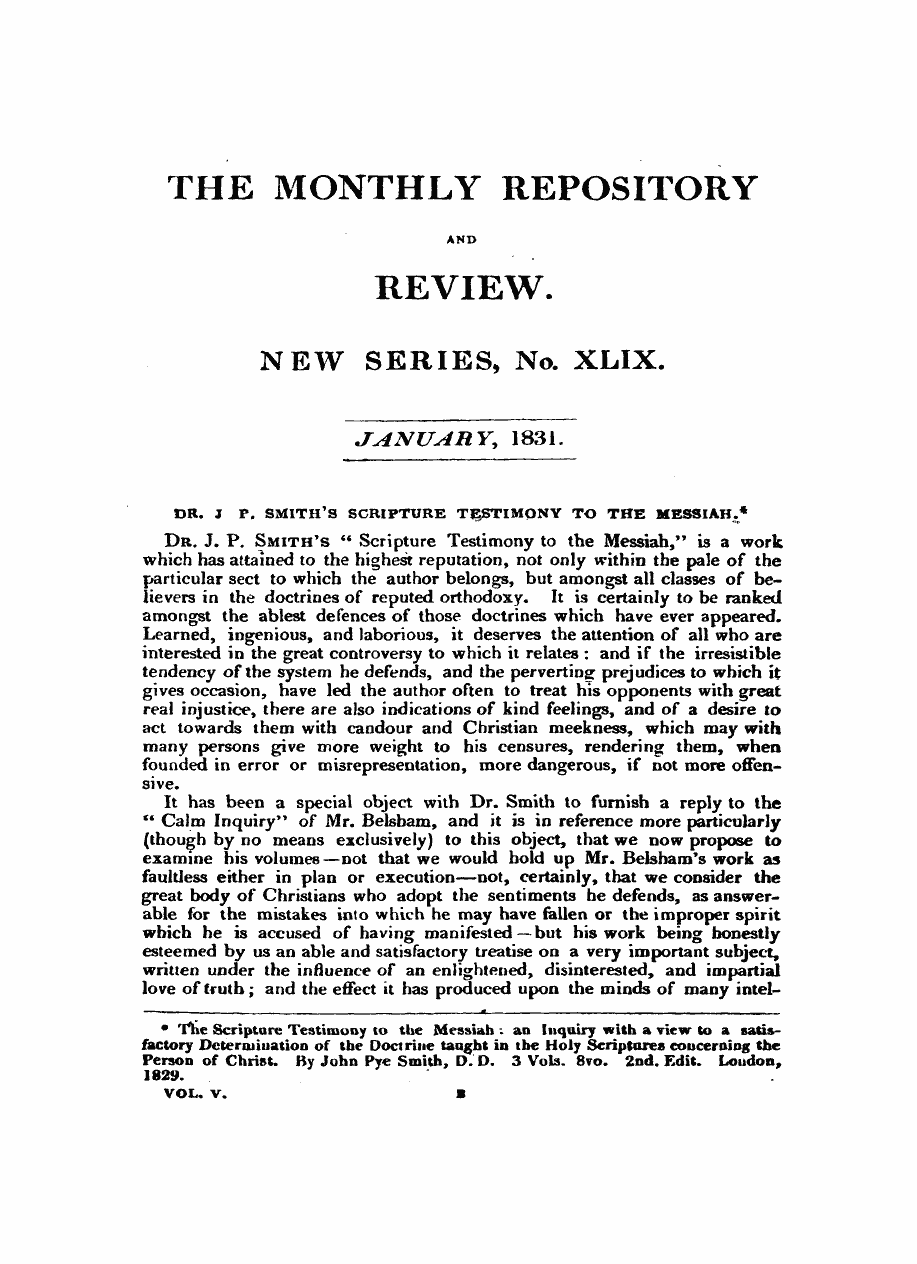 Monthly Repository (1806-1838) and Unitarian Chronicle (1832-1833): F Y, 1st edition - Dr. J P. Smith's Scripture Testimony To The Messiah. *