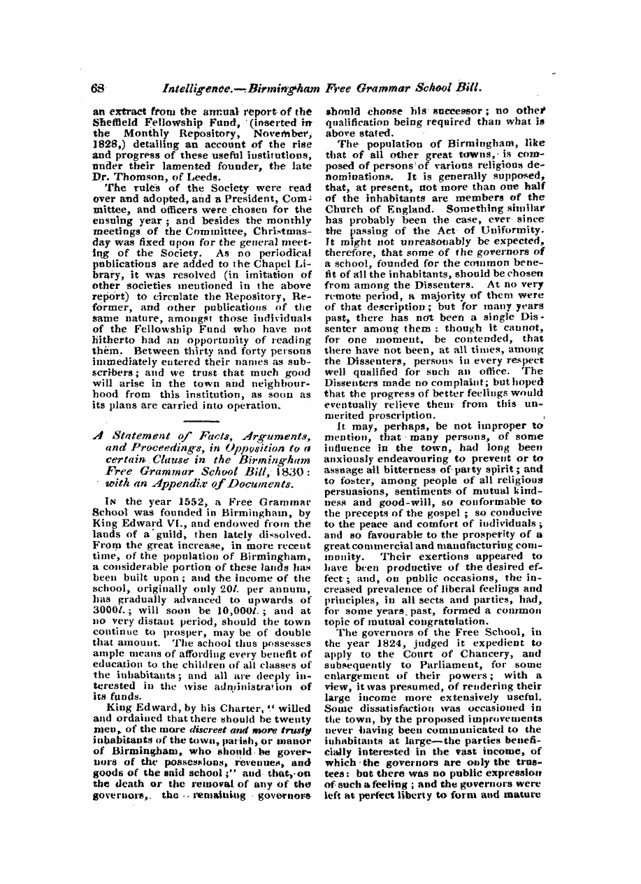 Monthly Repository (1806-1838) and Unitarian Chronicle (1832-1833): F Y, 1st edition: 68