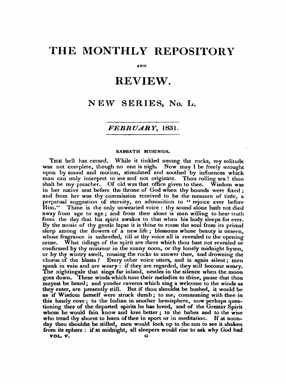 Monthly Repository (1806-1838) and Unitarian Chronicle (1832-1833): F Y, 1st edition - Sabbath Musings.