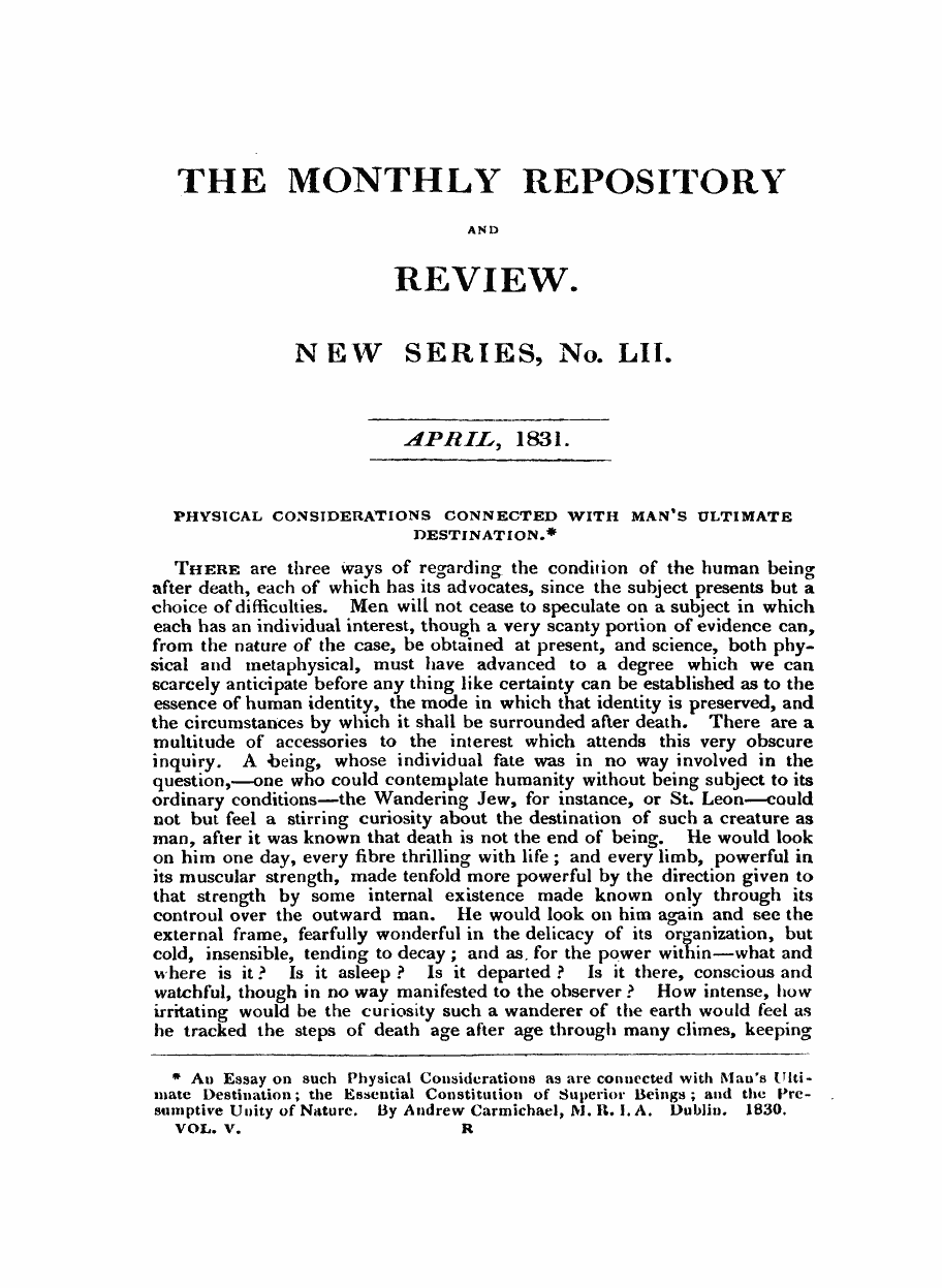 Monthly Repository (1806-1838) and Unitarian Chronicle (1832-1833): F Y, 1st edition - Untitled Article