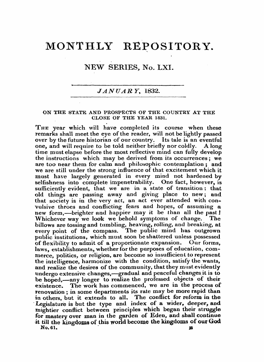 Monthly Repository (1806-1838) and Unitarian Chronicle (1832-1833): F Y, 1st edition - On The State And Prospects Of The Country At The Close Of The Year 1831.