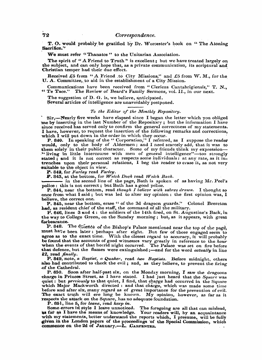 Monthly Repository (1806-1838) and Unitarian Chronicle (1832-1833): F Y, 1st edition: 72