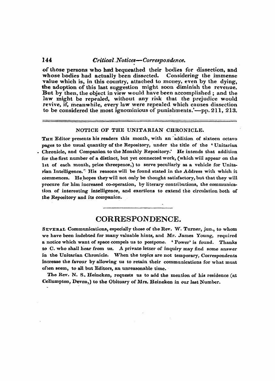 Monthly Repository (1806-1838) and Unitarian Chronicle (1832-1833): F Y, 1st edition - Notice Of The Unitarian Chronicle.