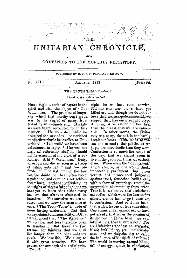 Monthly Repository (1806-1838) and Unitarian Chronicle (1832-1833): F Y, 1st edition - The Truth-Teller.—No. I.