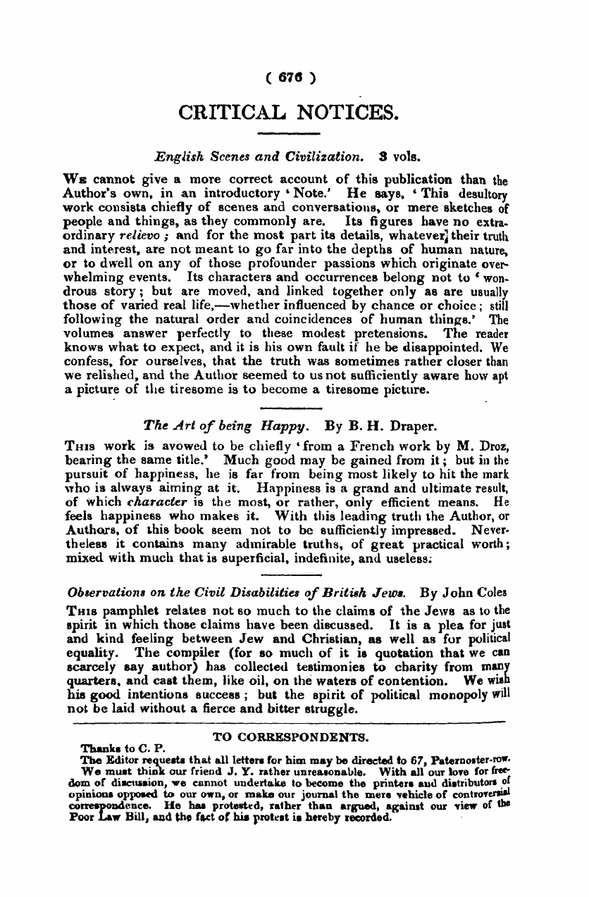 Monthly Repository (1806-1838) and Unitarian Chronicle (1832-1833): F Y, 1st edition - Critical Notices.