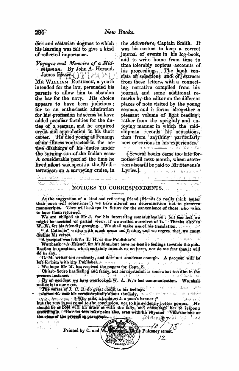 Monthly Repository (1806-1838) and Unitarian Chronicle (1832-1833): F Y, 1st edition - \Z, R No-Tiqes To Correspondents. : U