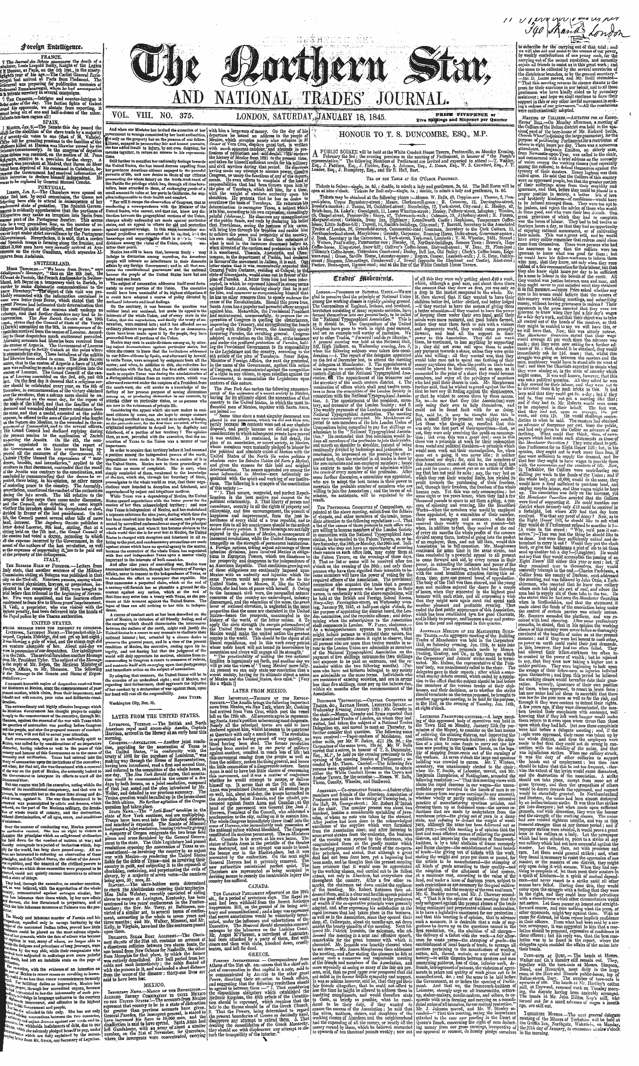 Northern Star (1837-1852): jS F Y, 2nd edition - Honour Tot. S. Buncombe, Esq./M.P