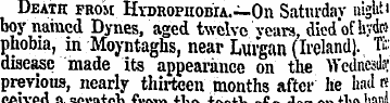 Death from Hydrophobia.—On Saturday nigh...