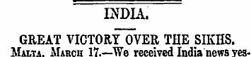 INDIA. GREAT VICTORToVeR THE SIKHS. Malt...
