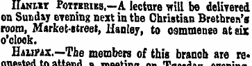 IIanmt Potteries.—A lecture will be deli...