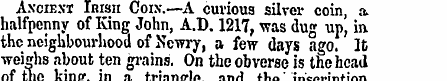 Ancient Inisn Coin.—A curious silver coi...